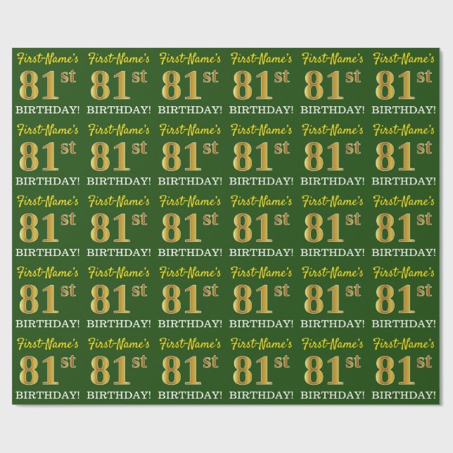 Green, Imitation Gold Look "81st BIRTHDAY" Wrapping Paper (Flat)