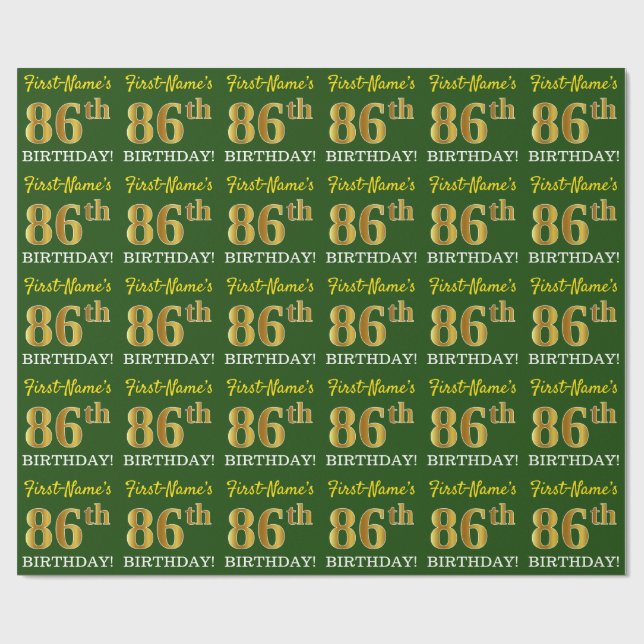 Green, Imitation Gold Look "86th BIRTHDAY" Wrapping Paper (Flat)