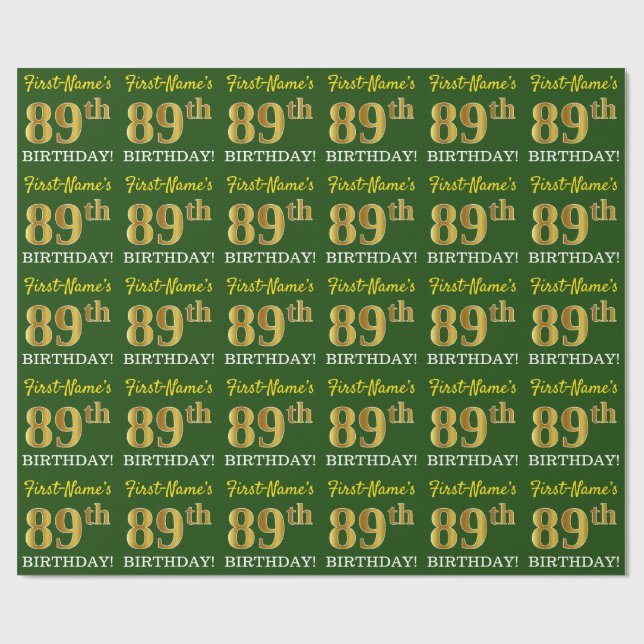 Green, Imitation Gold Look "89th BIRTHDAY" Wrapping Paper (Flat)