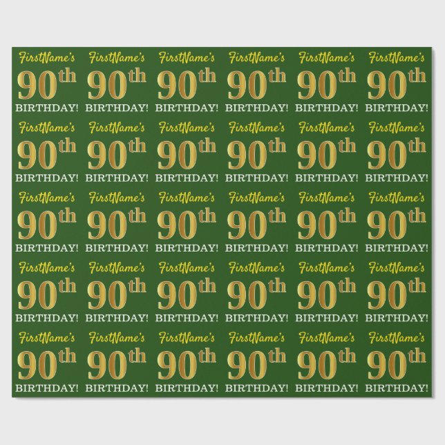 Green, Imitation Gold Look "90th BIRTHDAY" Wrapping Paper (Flat)