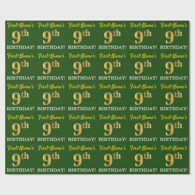 Green, Imitation Gold Look "9th BIRTHDAY" Wrapping Paper (Flat)