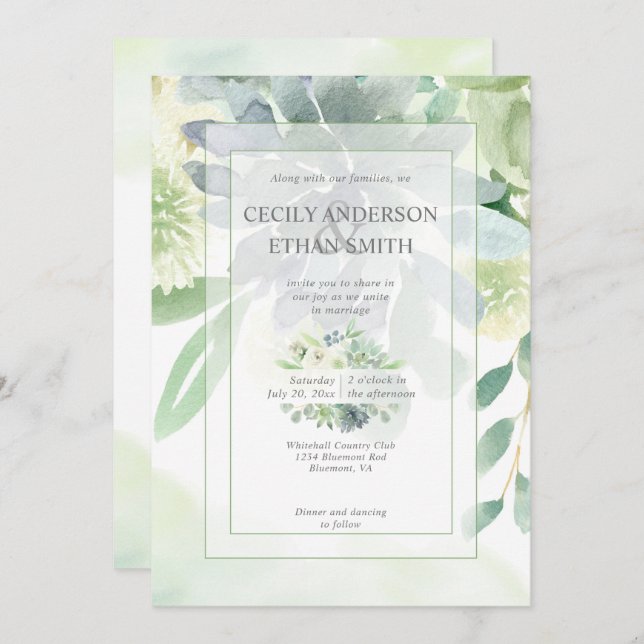 Green & Indigo Succulents White Flowers Wedding Invitation (Front/Back)