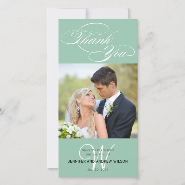 GREEN INITIAL SCRIPT WEDDING THANK YOU PHOTO CARD (Front)