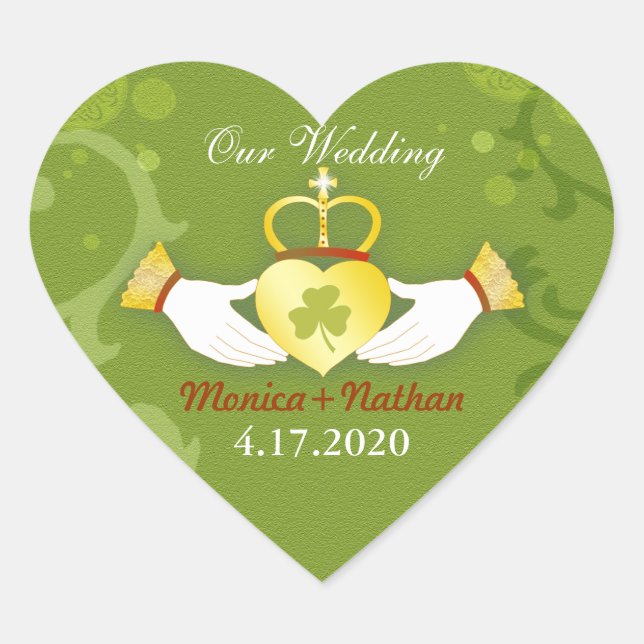 Green Irish Heart Shape Wedding Invitation Heart Sticker (Front)
