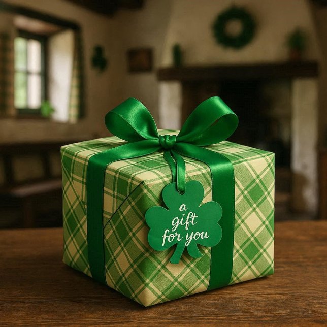 Green Irish Plaid Wrapping Paper (St Patricks day "gift for you" wrapping paper with  green satin bow. A classic green and white plaid)