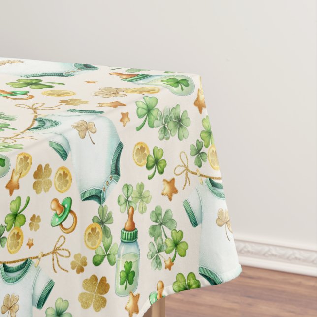 Green Irish Shamrock Baby Shower Tablecloth (In Situ)