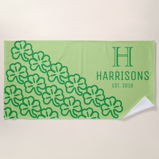 Green Irish Shamrock Personalised Family Name Beach Towel (Front)