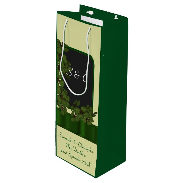 Green Irish shamrock personalised wedding Wine Gift Bag (Front Angled)