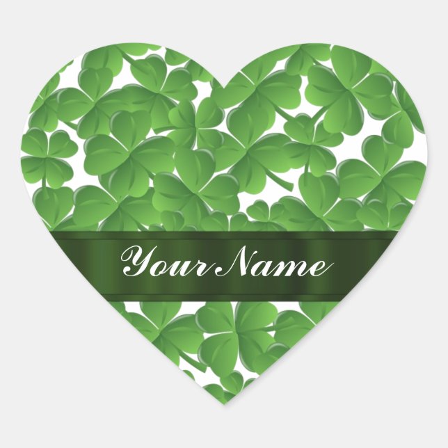 Green Irish shamrocks personalised Heart Sticker (Front)