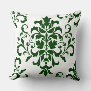 Green is in. Elegant Green Floral Damask On white Cushion