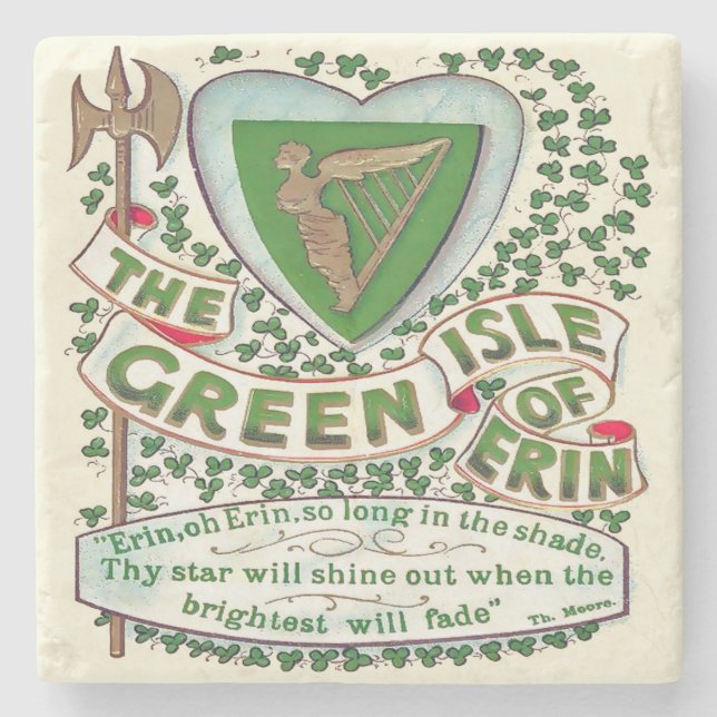 Green Isle Of Erin, Irish Marble Coaster, Ireland Stone Coaster (Front)