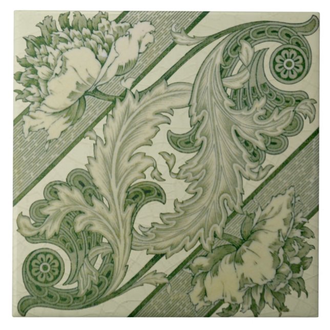 Green Ivory Art Nouveau Peony Antique Repro Tile (Front)