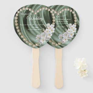 Green,Ivory,Blue,gold Silk & Pearls Hand Fan