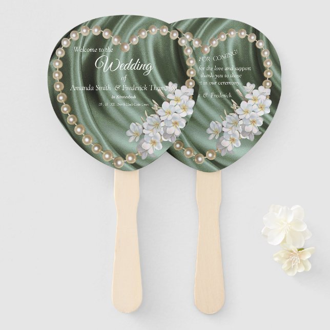 Green,Ivory,Blue,gold Silk & Pearls Hand Fan (Front and Back)