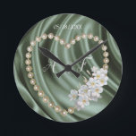 Green,Ivory,Blue,gold Silk & Pearls Round Clock<br><div class="desc">Green,  ivory, blue,  or gold silk & Pearls  decorated with Mexican Tuberose's.  They are waxy white flower s that have a sultry and seductive rich fragrance. for a momentum gift</div>