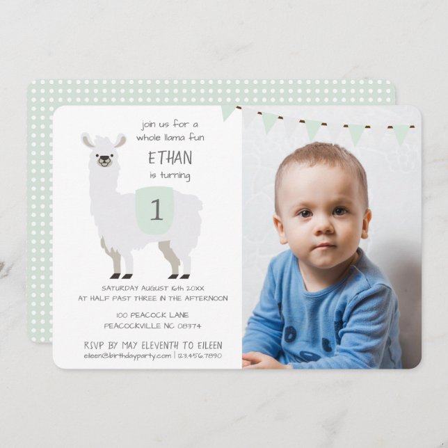 Green & Ivory Cute Llama Kids Birthday Party Invitation (Front/Back)