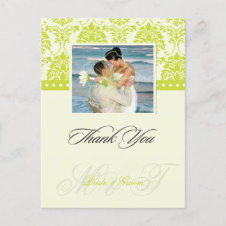 Green +  Ivory Damask Thank You Photo postcards, Postcard