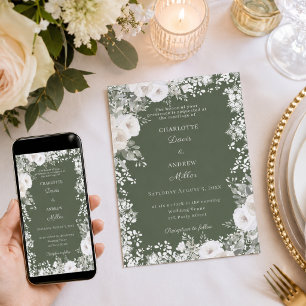 Green Ivory white roses snow winter wedding Invitation