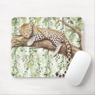 Green Ivy Abstract Jungle Leopard in tree Mouse Pad