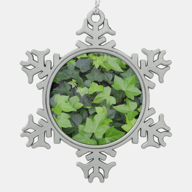 Green Ivy Botanical Print Snowflake Pewter Christmas Ornament (Front)