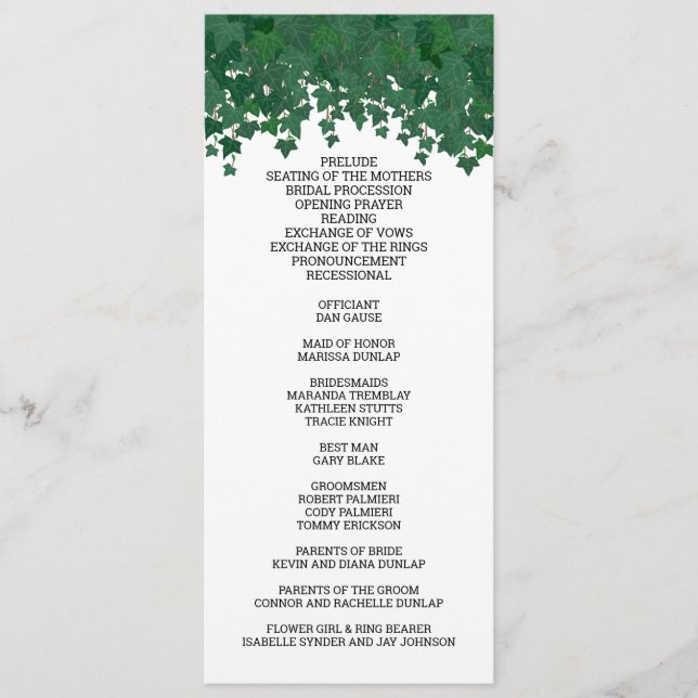Green Ivy Garden Wedding Program (Front)