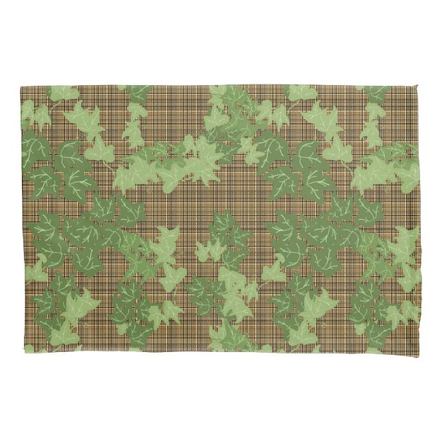Green ivy gold black brown plaid pillowcase (Front-Left)