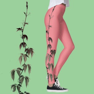 Green Ivy on Coral Pink Leggings