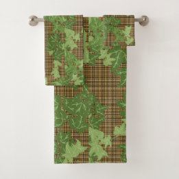 Green ivy on gold black brown plaid  bath towel set