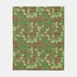Green ivy on gold black brown plaid  fleece blanket