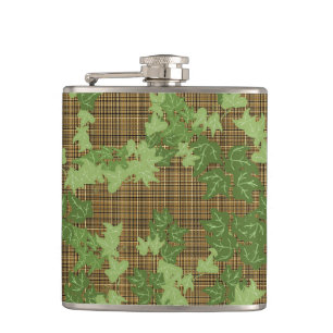 Green ivy on gold black brown plaid hip flask