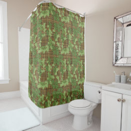 Green ivy on gold black brown plaid shower curtain