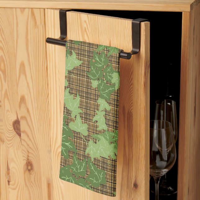 Green ivy on gold black brown plaid tea towel (Thirds Fold)