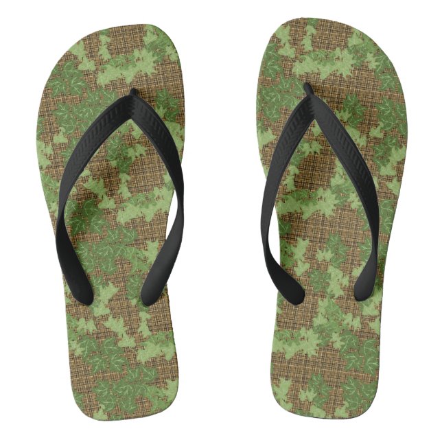 Green ivy on gold black brown plaid  thongs (Footbed)