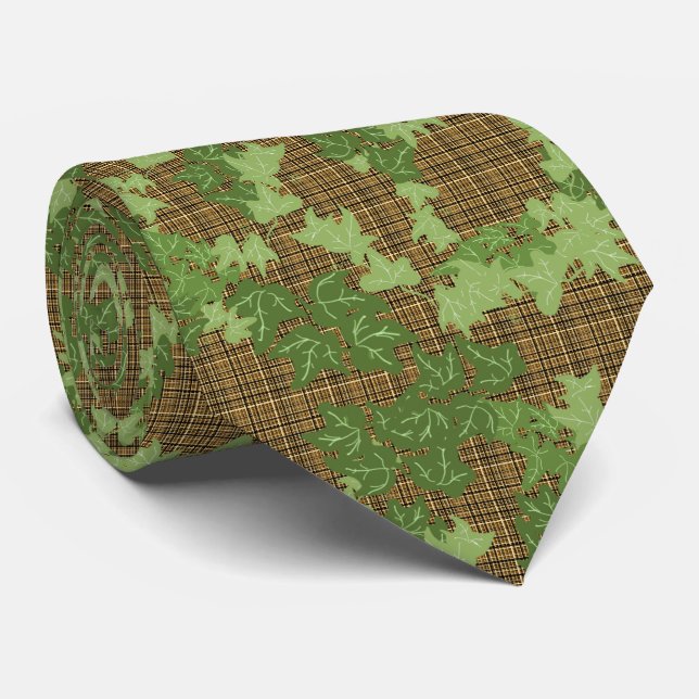 Green ivy on gold black brown plaid tie (Rolled)
