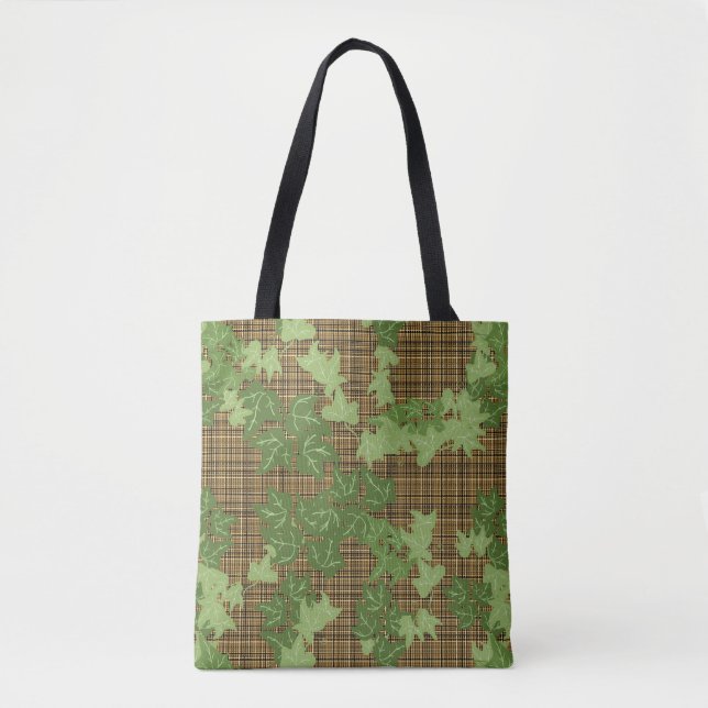 Green ivy on gold black brown plaid tote bag (Front)