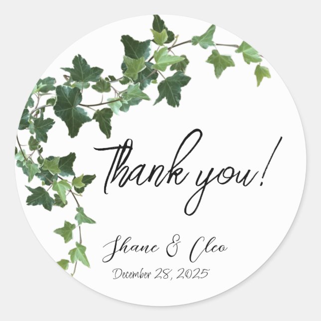 Green Ivy Vines Thank you for wedding or baby  Classic Round Sticker (Front)