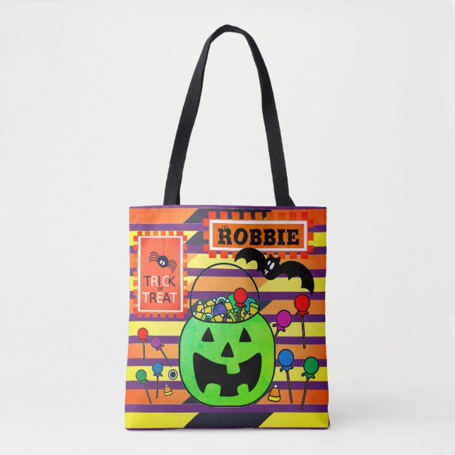 Green Jack o' Lantern Personalised Trick or Treat Tote Bag (Front)