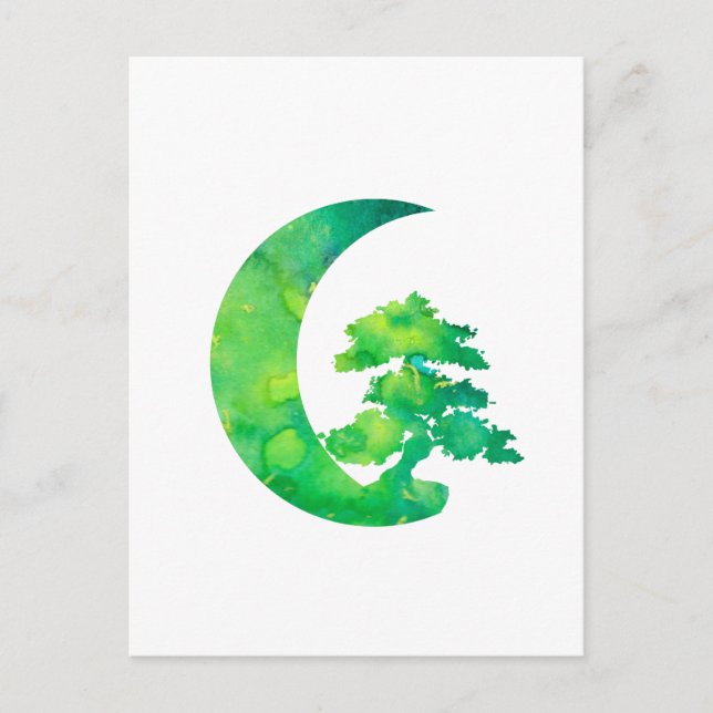 Green Jade Crescent Moon and Bonsai Tree Postcard (Front)