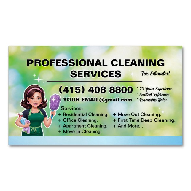 Green Janitorial Lady Business Card House Cleaning (Front)