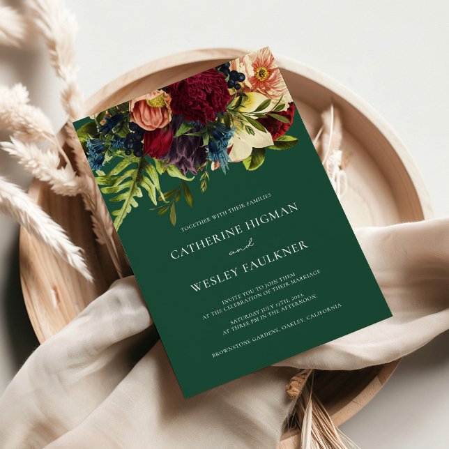 Green Jewel Tone Moody Floral Burgundy Wedding  Invitation (Creator Uploaded)