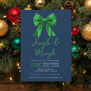 Green Jingle & Mingle Christmas Party Bow Navy  Invitation