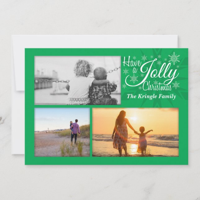 Green Jolly Christmas Snowflake Holiday Photo Card (Front)