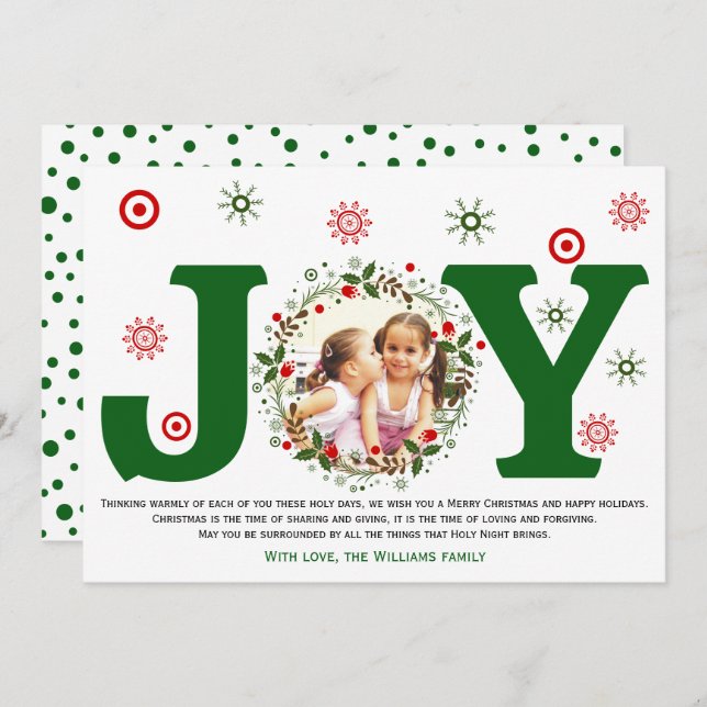 Green Joy and Christmas floral wreath photo Holiday Card (Front/Back)