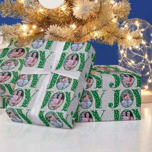 Green JOY and snowflakes two photo Christmas Wrapping Paper (Holidays)