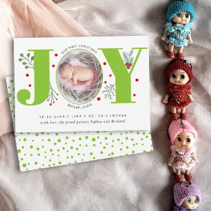 Green Joy First Christmas holiday photo baby birth Announcement