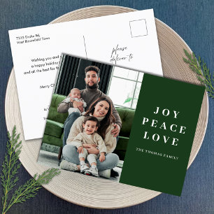 Green Joy Peace Love Minimal Christmas Family Name Holiday Postcard
