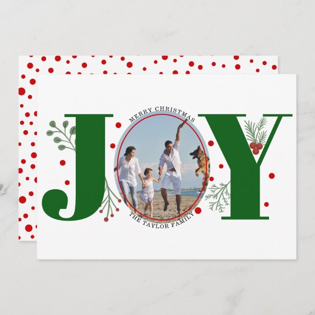 Green Joy with berries Christmas photo Holiday Card (Front/Back)