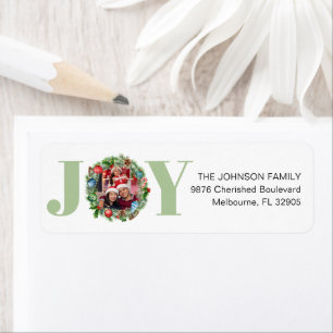 Green JOY Wreath Christmas Photo Address Label Return Address Label