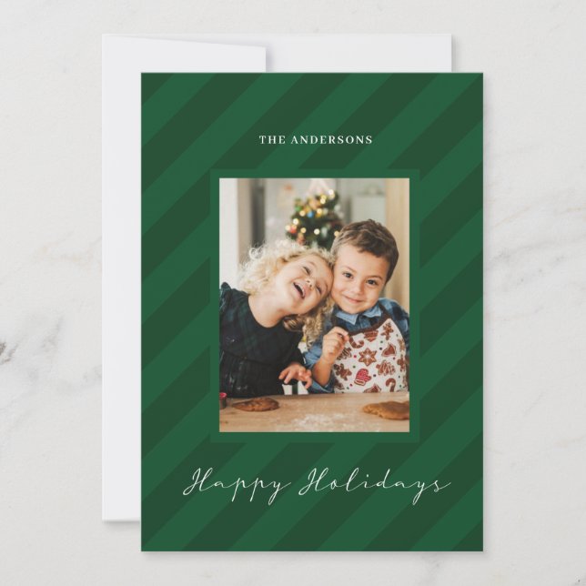 Green Joyful Modern Striped Photo Holidays cards (Front)