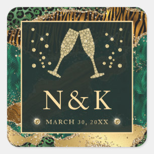 Green Jungle Animal Print Glitter Agate Wedding Square Sticker